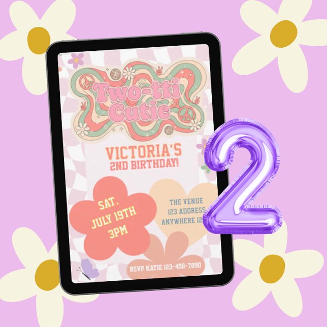 Groovy Two-tti Cutie, Retro Pinks 2nd Birthday Invitation (Creator Uploaded)