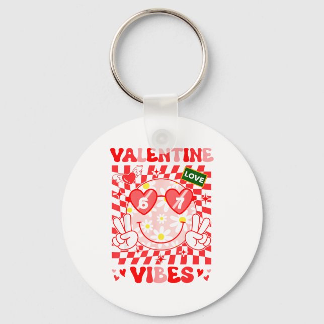 Groovy Valentine Vibes Happy Valentine's Day Girl  Key Ring (Front)