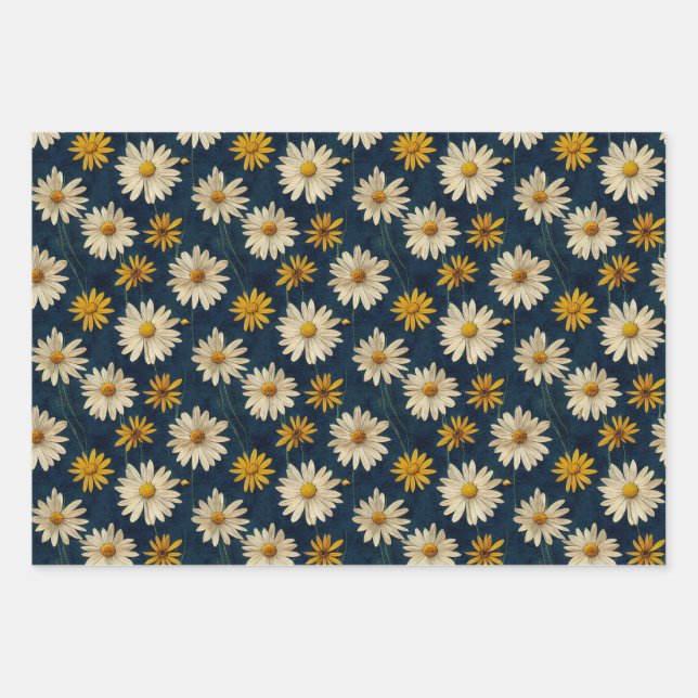 Groovy Vintage Daisy Blue Wrapping Paper Sheet (Front)