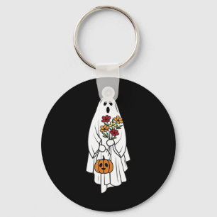 Groovy Vintage Floral Ghost Cute Halloween Spooky Key Ring