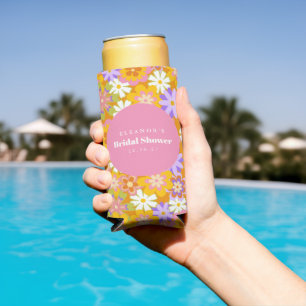 Groovy Vintage Orange Floral Bridal Shower Custom Seltzer Can Cooler