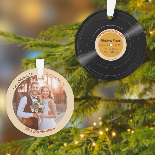 Groovy Vinyl Record First Married Christmas Photo  Ornament (Groovy Vinyl Record First Married Christmas Photo Ornament)