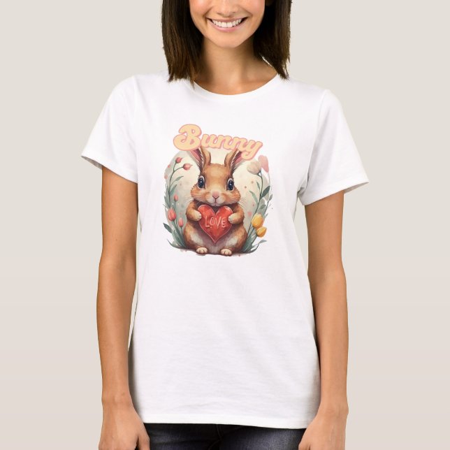 Groovy Watercolor cute bunny with red heart T-Shirt (Front)