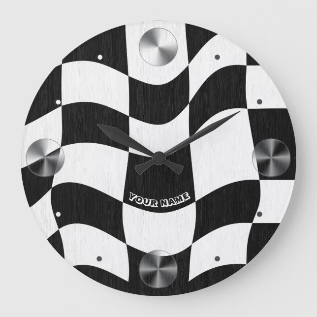 Groovy Wavy Black and White Chequered Large Clock (Front)