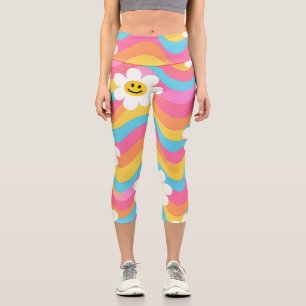 Groovy Wavy Smiley Flower Retro Capri Leggings