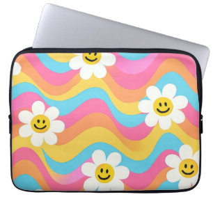 Groovy Wavy Smiley Flower Retro Laptop Sleeve