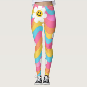 Groovy Wavy Smiley Flower Retro Leggings