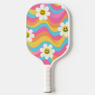 Groovy Wavy Smiley Flower Retro Pickleball Paddle