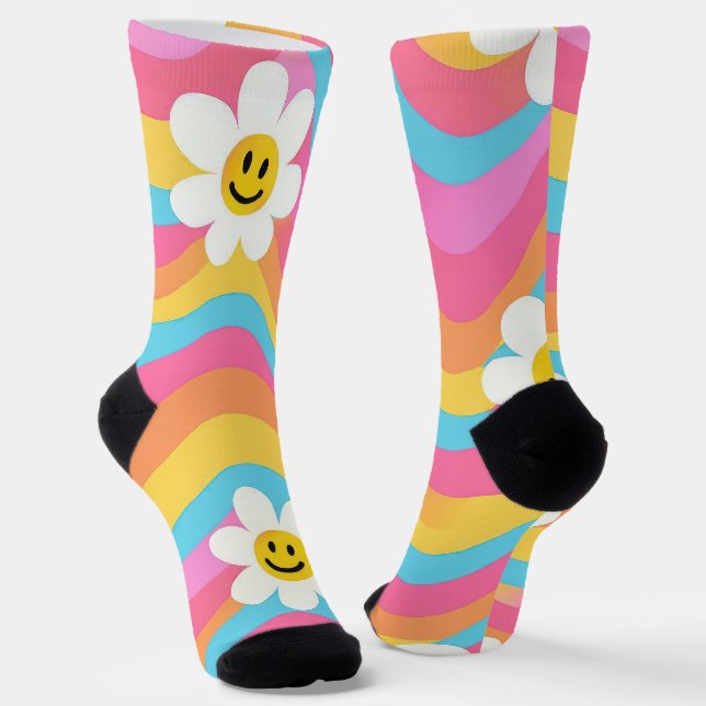 Groovy Wavy Smiley Flower Retro Socks (Angled)