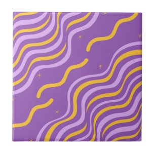 Groovy Wavy Stripe Purple Yellow Abstract Spring Ceramic Tile