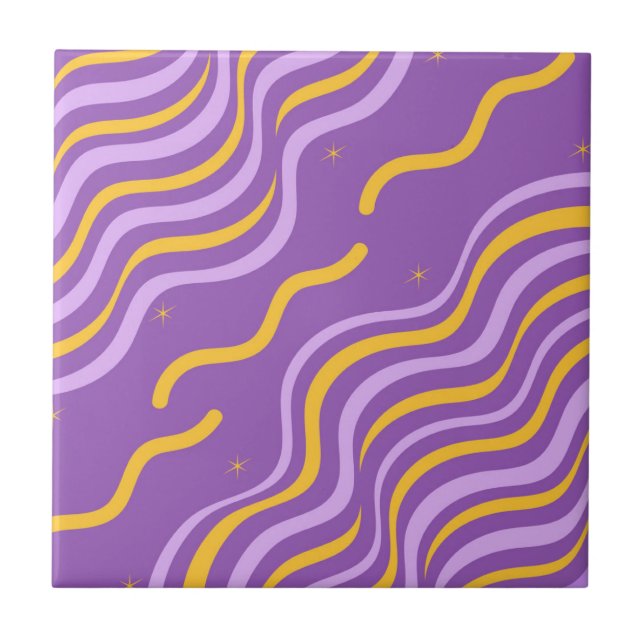 Groovy Wavy Stripe Purple Yellow Abstract Spring Ceramic Tile (Front)