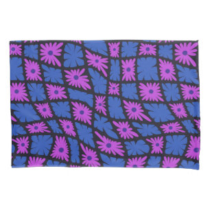 Groovy Wavy Trippy 60s Flower Checks Blue Pink Pillowcase