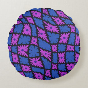 Groovy Wavy Trippy 60s Flower Checks Blue Pink Round Cushion