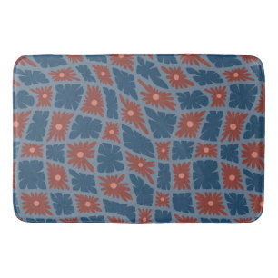 Groovy Wavy Trippy 60s Flower Checks Blue Red Bath Mat