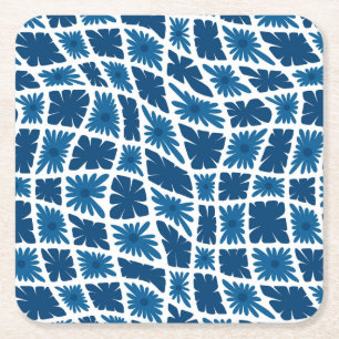 Groovy Wavy Trippy 60s Flower Checks Blues Square Paper Coaster