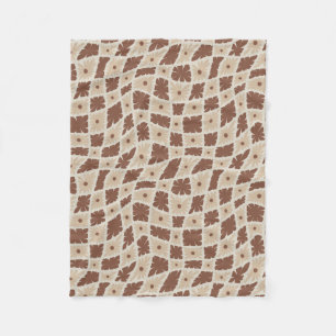 Groovy Wavy Trippy 60s Flower Checks Neutral Brown Fleece Blanket