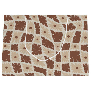 Groovy Wavy Trippy 60s Flower Checks Neutral Brown Large Gift Bag