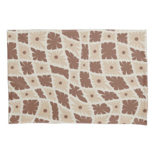 Groovy Wavy Trippy 60s Flower Checks Neutral Brown Pillowcase