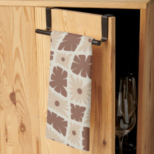 Groovy Wavy Trippy 60s Flower Checks Neutral Brown Tea Towel