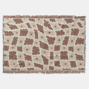 Groovy Wavy Trippy 60s Flower Checks Neutral Brown Throw Blanket