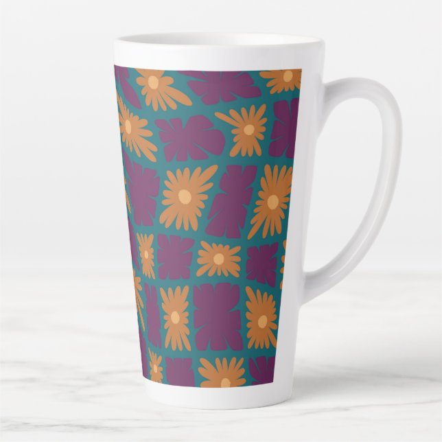 Groovy Wavy Trippy 60s Flower Checks Orange Pink Latte Mug (Right)