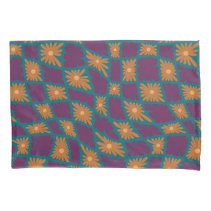 Groovy Wavy Trippy 60s Flower Checks Orange Pink Pillowcase