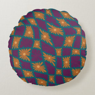 Groovy Wavy Trippy 60s Flower Checks Orange Pink Round Cushion