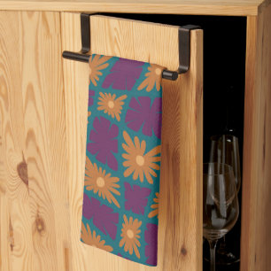 Groovy Wavy Trippy 60s Flower Checks Orange Pink Tea Towel
