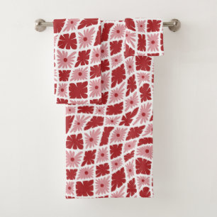 Groovy Wavy Trippy 60s Flower Checks Red Pink Bath Towel Set