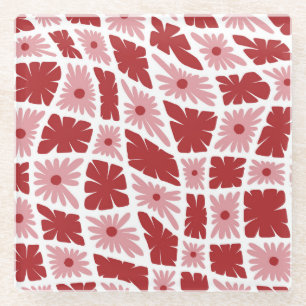 Groovy Wavy Trippy 60s Flower Checks Red Pink Glass Coaster