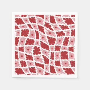 Groovy Wavy Trippy 60s Flower Checks Red Pink Napkin