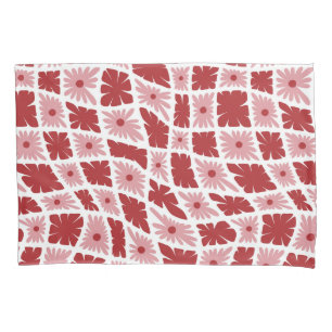 Groovy Wavy Trippy 60s Flower Checks Red Pink Pillowcase