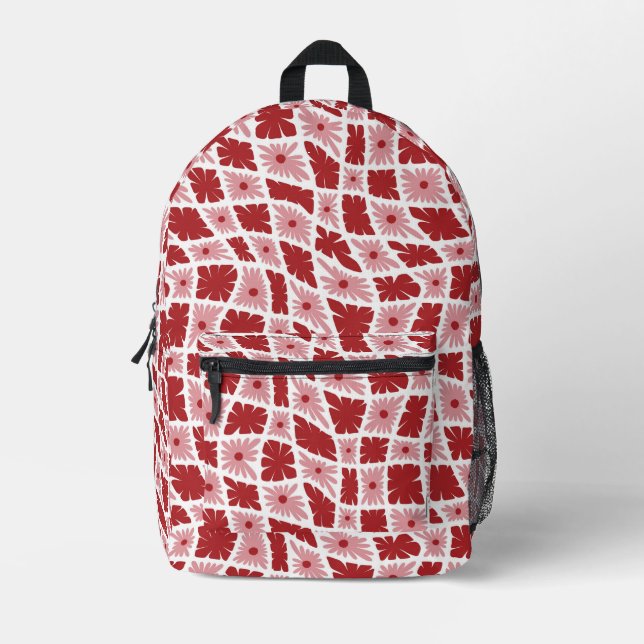 Groovy Wavy Trippy 60s Flower Checks Red Pink Printed Backpack (Front)