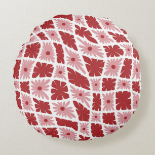 Groovy Wavy Trippy 60s Flower Checks Red Pink Round Cushion