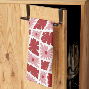 Groovy Wavy Trippy 60s Flower Checks Red Pink Tea Towel