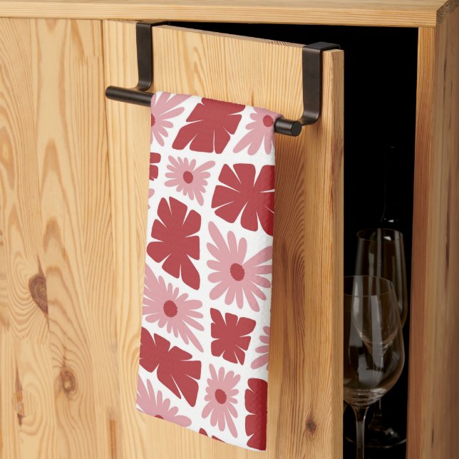 Groovy Wavy Trippy 60s Flower Checks Red Pink Tea Towel (Thirds Fold)