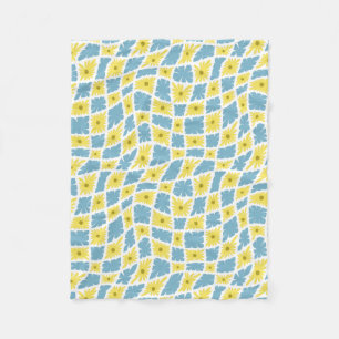 Groovy Wavy Trippy 60s Flower Checks Yellow Blue Fleece Blanket