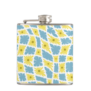 Groovy Wavy Trippy 60s Flower Checks Yellow Blue Hip Flask