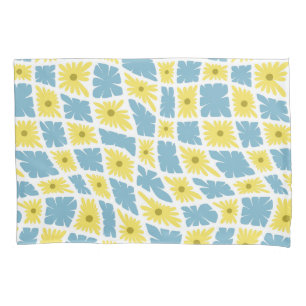 Groovy Wavy Trippy 60s Flower Checks Yellow Blue Pillowcase
