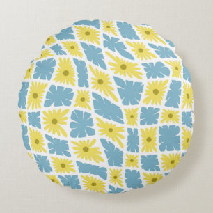 Groovy Wavy Trippy 60s Flower Checks Yellow Blue Round Cushion