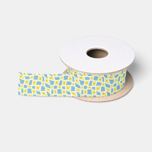 Groovy Wavy Trippy 60s Flower Checks Yellow Blue Satin Ribbon
