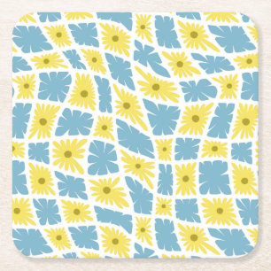 Groovy Wavy Trippy 60s Flower Checks Yellow Blue Square Paper Coaster
