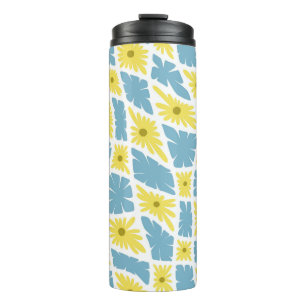Groovy Wavy Trippy 60s Flower Checks Yellow Blue Thermal Tumbler