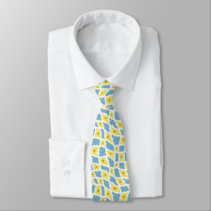Groovy Wavy Trippy 60s Flower Checks Yellow Blue Tie