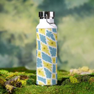 Groovy Wavy Trippy 60s Flower Checks Yellow Blue Water Bottle