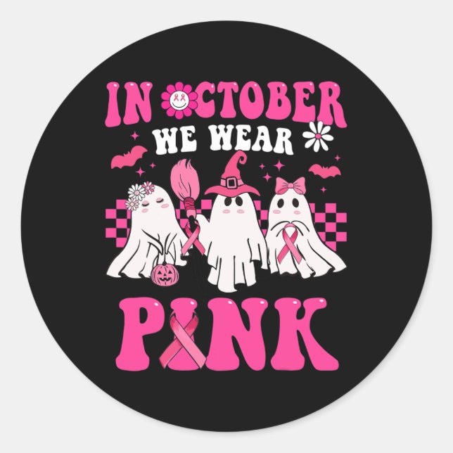 Groovy Wear Pink Breast Cancer Warrior Cute Ghost  Classic Round Sticker (Front)
