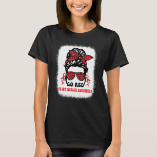 Groovy Wear Red Heart Disease Awareness Messy Bun  T-Shirt