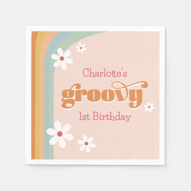 Groovy White Daisies Girl's 1st Birthday Party Napkin (Front)