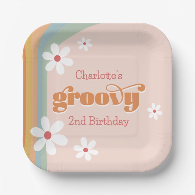 Groovy White Daisies Girl's 2nd Birthday Party Paper Plate (Front)