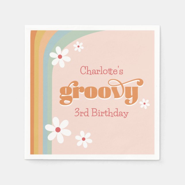 Groovy White Daisies Girl's 3rd Birthday Party Napkin (Front)